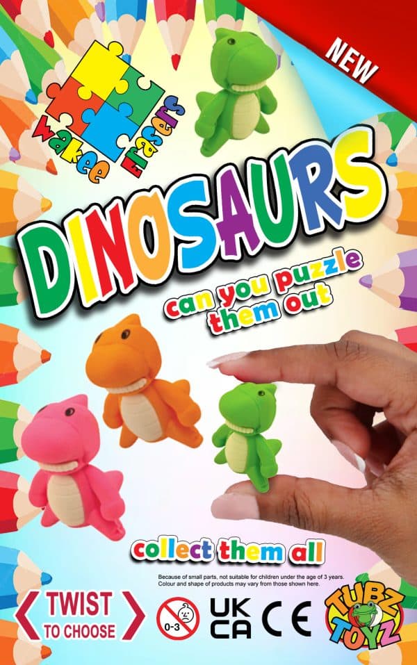 Wakee Erasers Dinosaurs (Qty 96 Tubz)